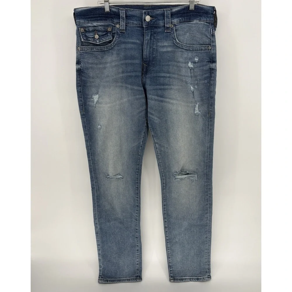 New True Religion Geno Relaxed Slim Jeans Men 36X34 Distressed Big T Flap Pocket